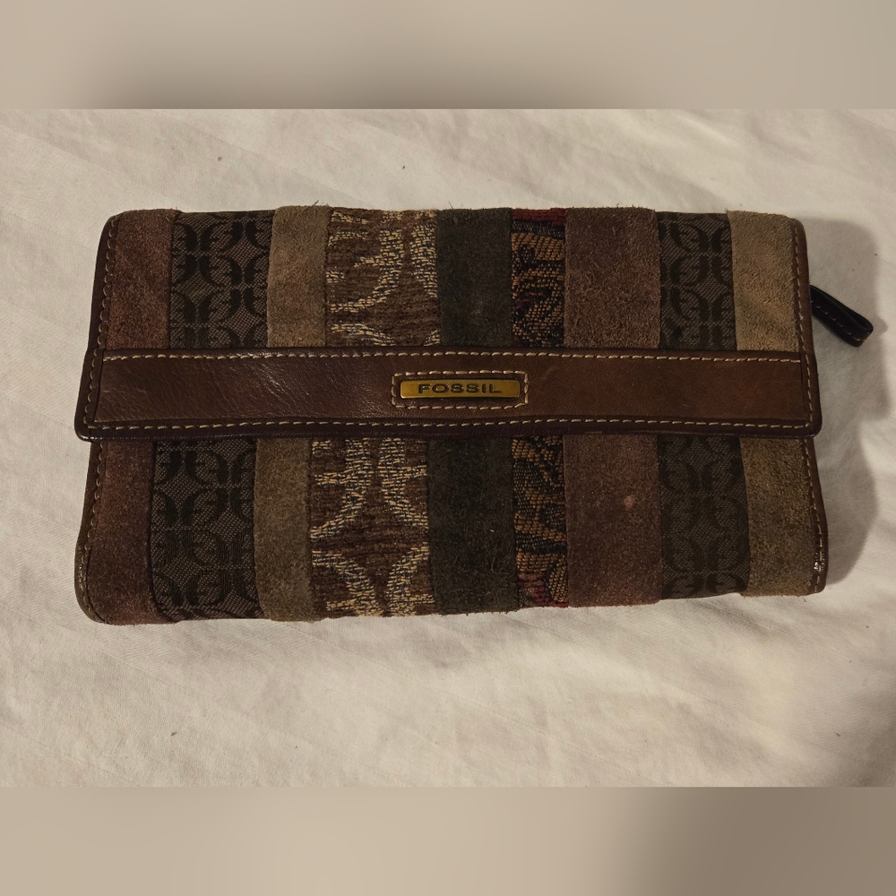 Vintage Fossil Patchwork Trifold Wallet/Checkbook… - image 1